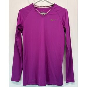 Nike Pro Combat Shirt Womens Medium Pink Fitted Long Sleeve Vneck Stretch